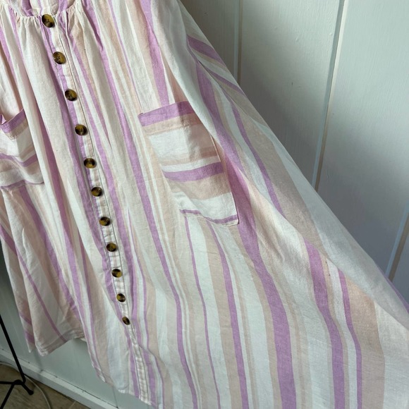 Torrid Linen Cotton Blend Midi Dress Striped Front Button with Pockets, - Picture 10 of 16